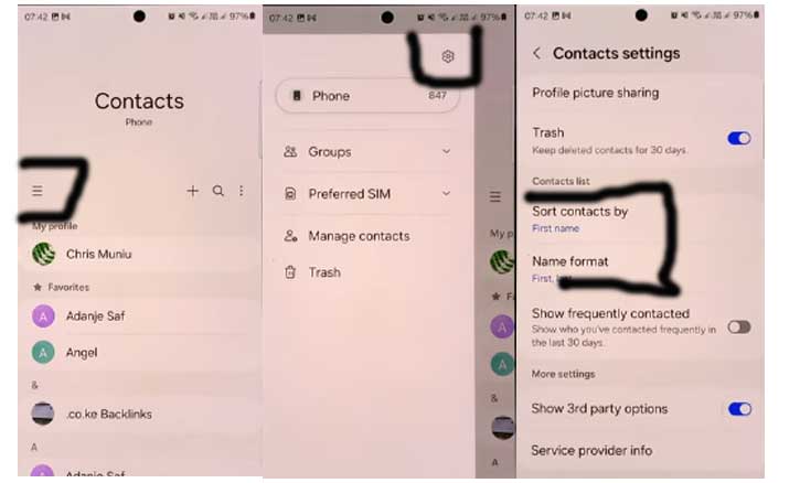 sort contacts by first or last name on samsung galaxy s24